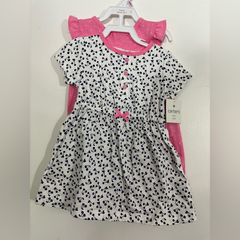 Carters two piece set. Blue and white cherry dress and pink short romper